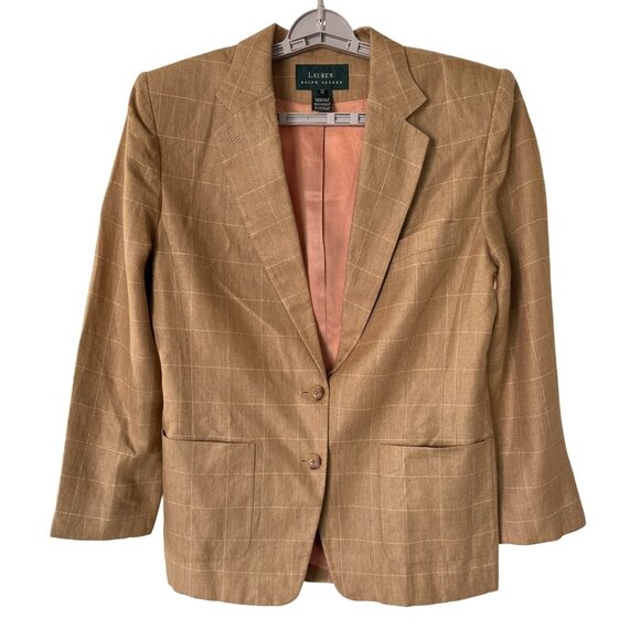 Ralph Lauren Jackets & Blazers - Ralph Lauren Womens Blazer Size 12 100% Linen Lined Camel Windowpane Plaid EUC